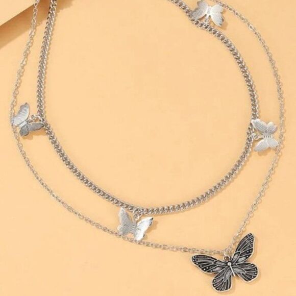 SILVER LAYERED BUTTERFLY NECKLACE  - Picture 1 of 11